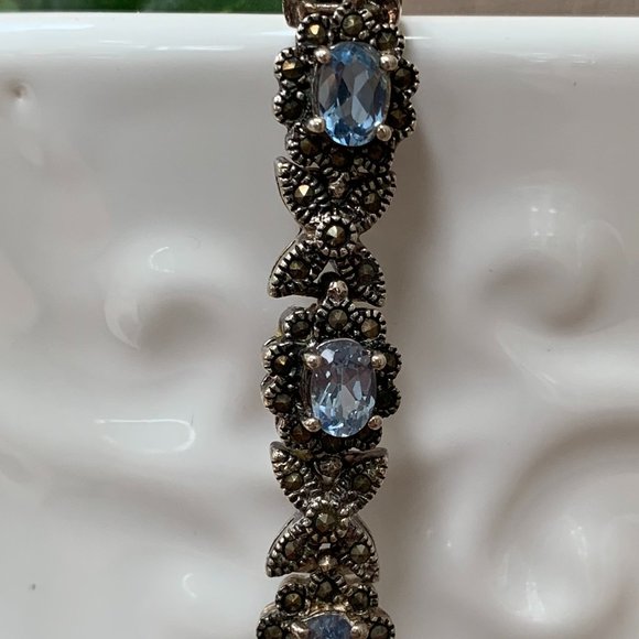 Vtg Stg Silver Aquamarine & Marcasite Bracelet - Picture 8 of 9